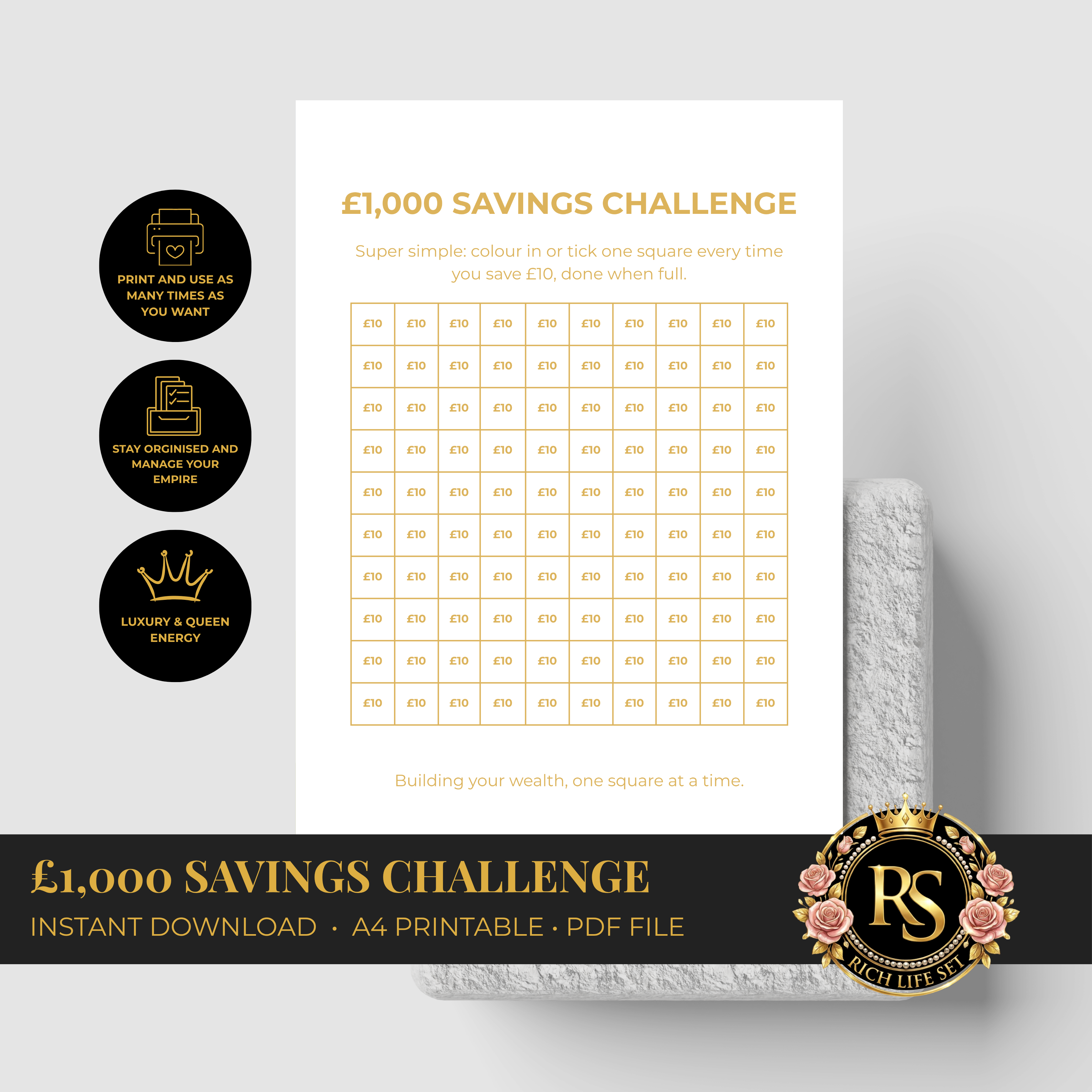 £1,000 Savings Challenge | Luxury A4 Printable PDF