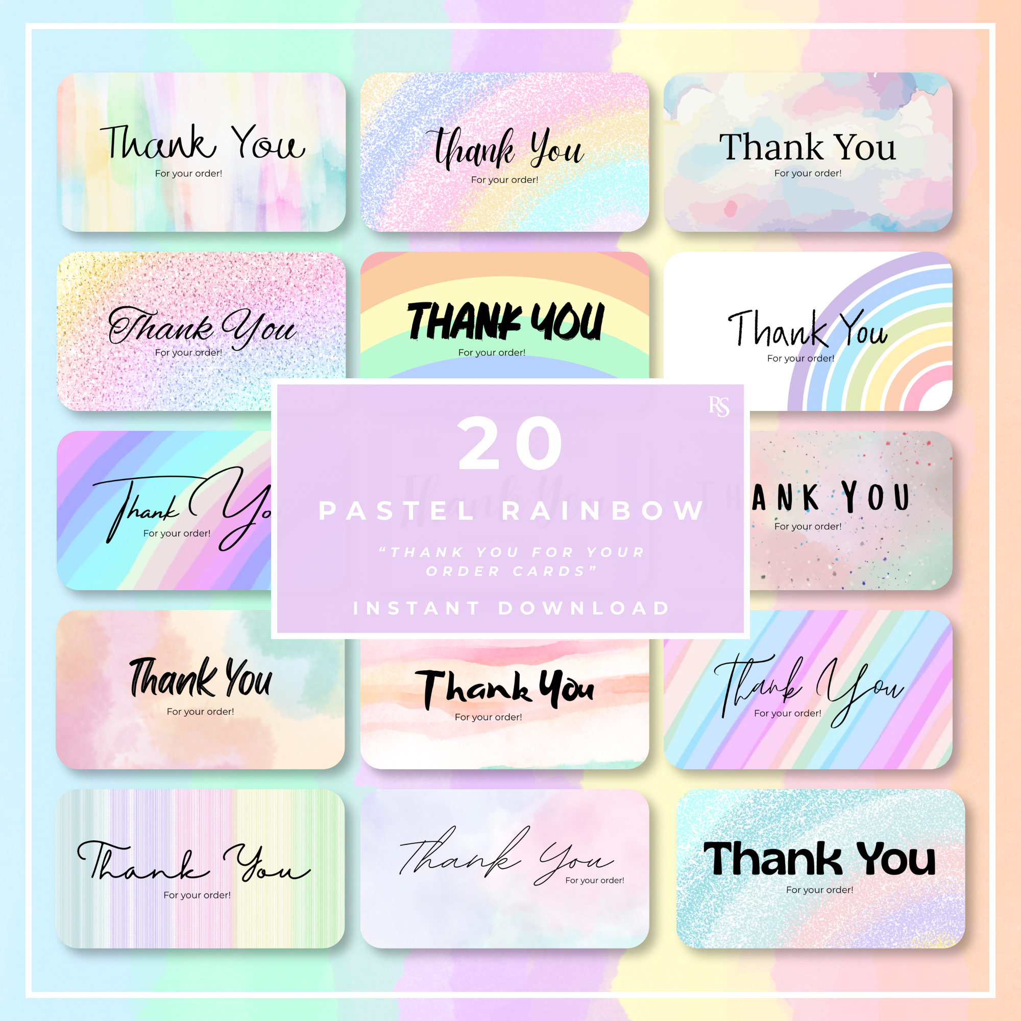 20 Pastel Rainbow Thank You Cards | Commercial Use PLR