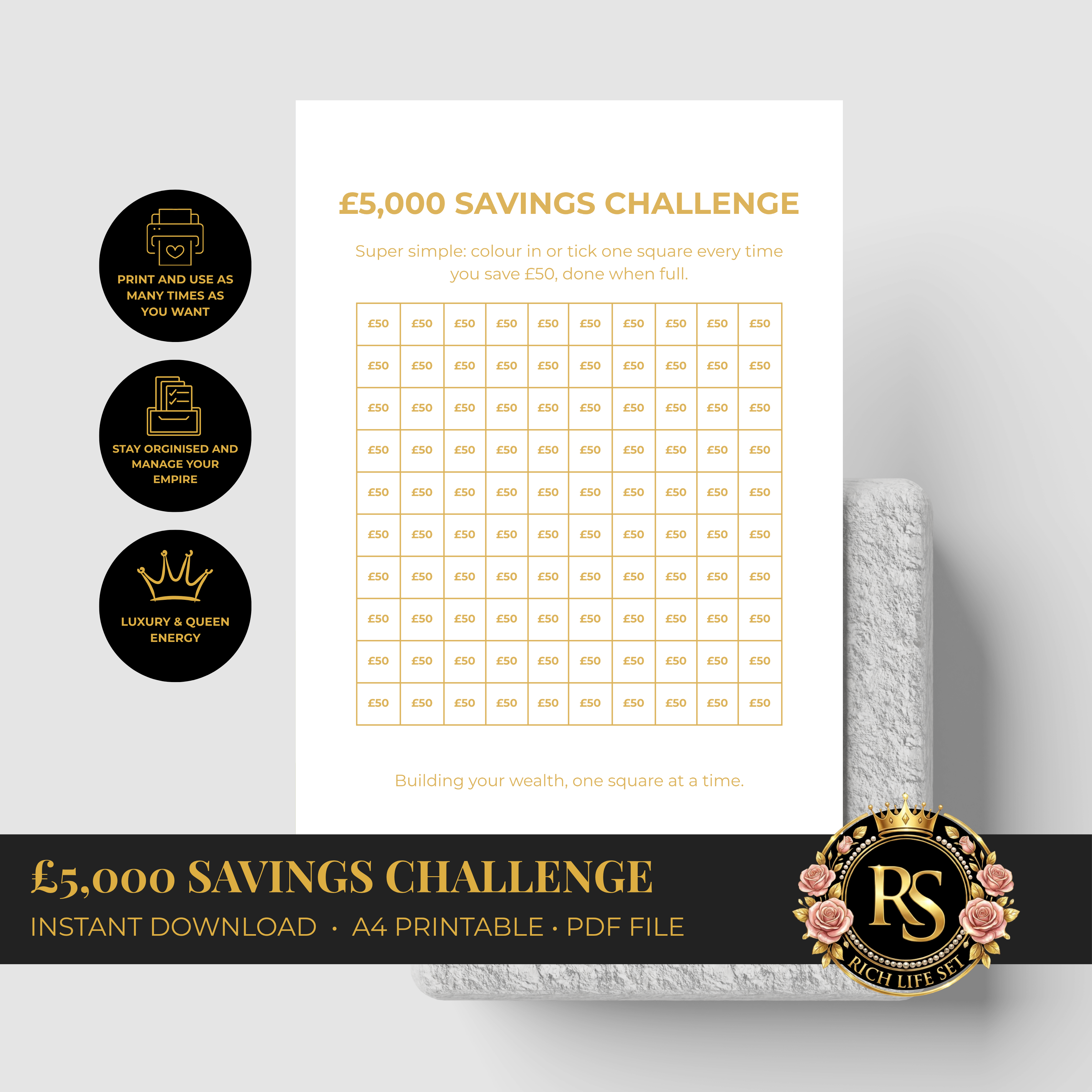 £5,000 Savings Challenge | Luxury A4 Printable PDF