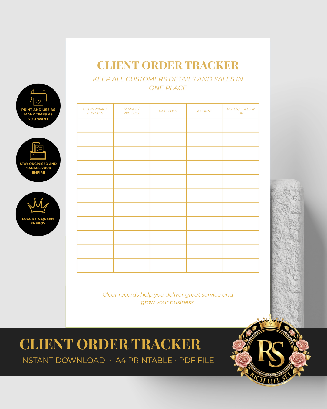 Client Order Tracker | Luxury A4 Printable PDF