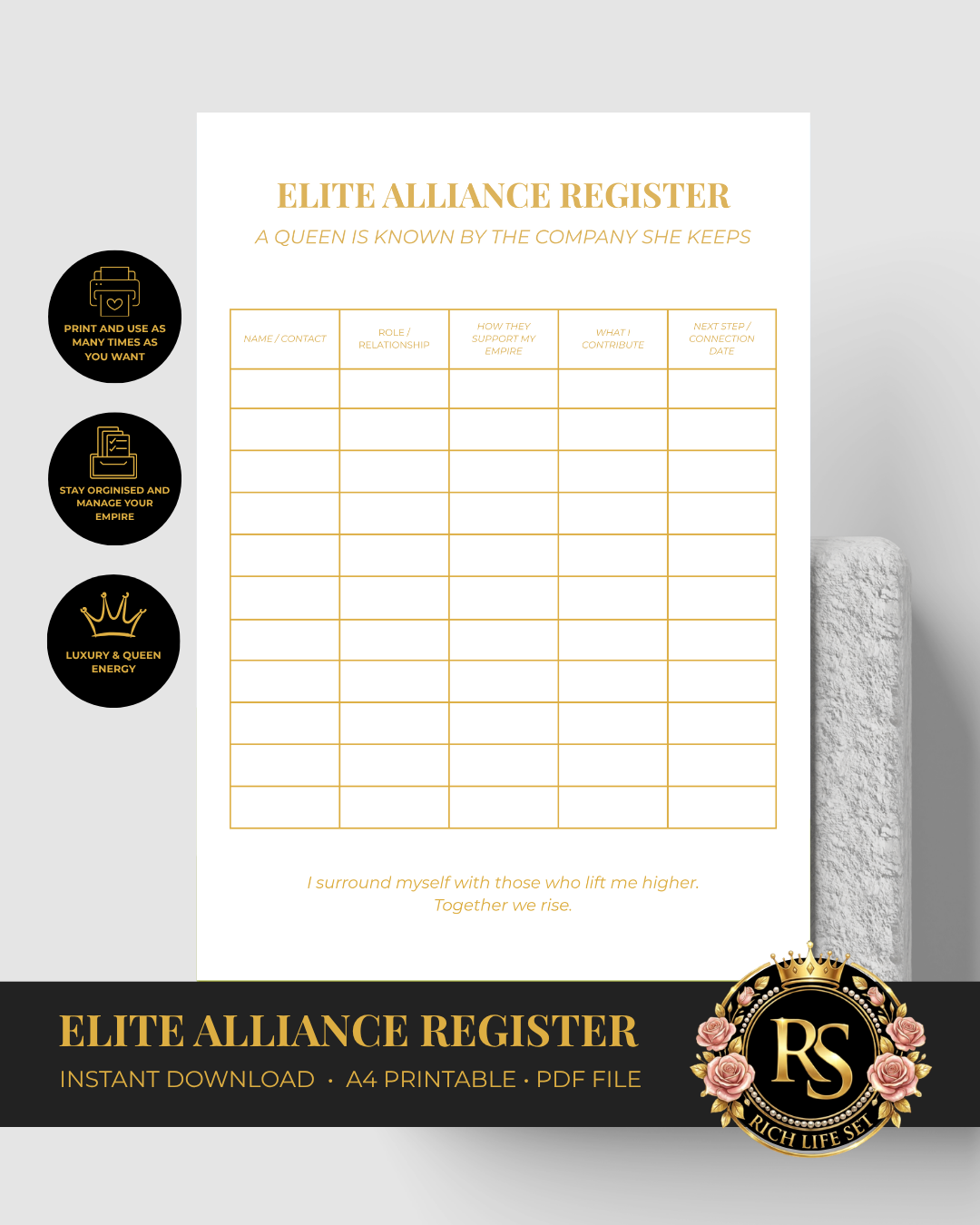 Elite Alliance Register | Luxury A4 Printable PDF