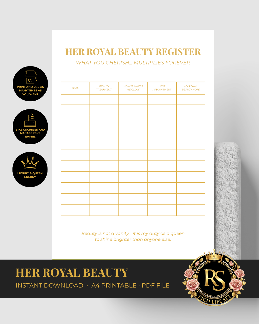 Her Royal Beauty Register | A4 Printable PDF