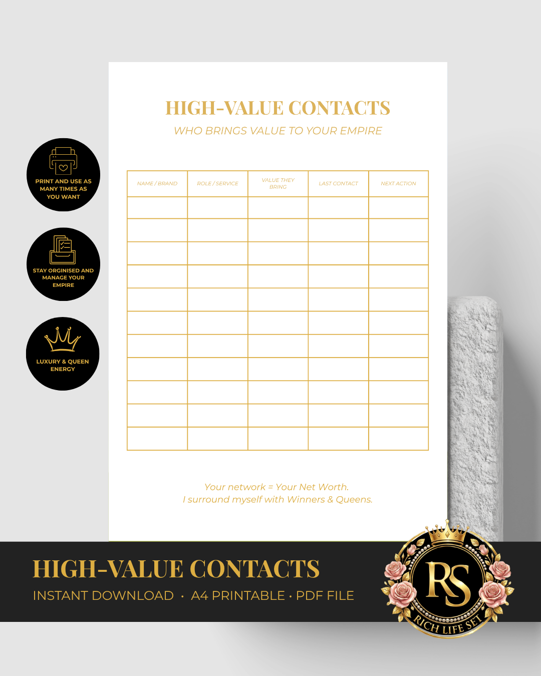 High‑Value Contacts | Luxury A4 Printable PDF