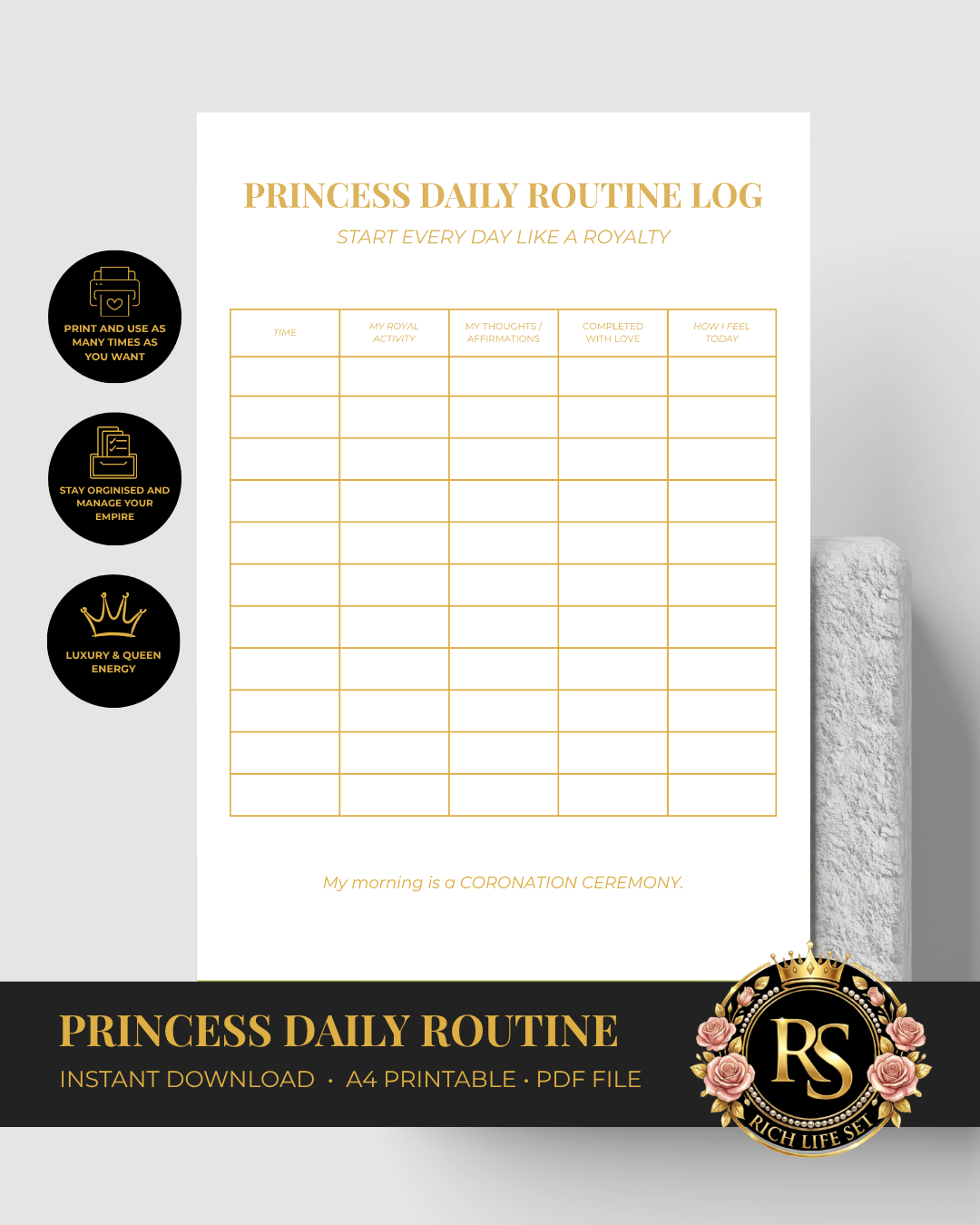Princess Daily Log | Luxury A4 Printable PDF